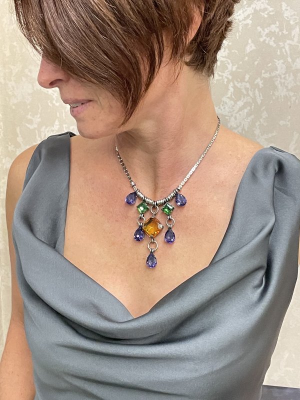 Collana Girocollo Vintage Con Cristalli Colorati E Ciondolo Quadrato In Oro - Gioiello Boho Regalo Donna